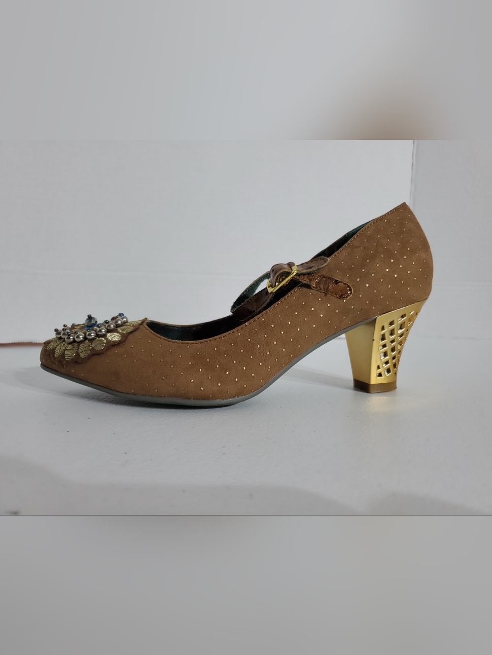 Poetic License Darla's Dream 6.5 Brown Mary Jane Heels Gold Embellishments - Picture 6 of 10